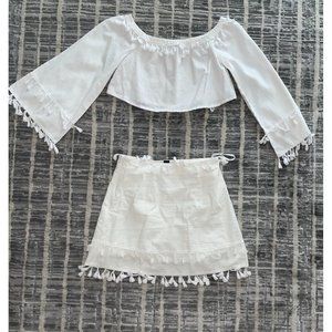 SheIn Women's 2 Piece Outfit Fringe Trim Crop Top Skirt Set- S